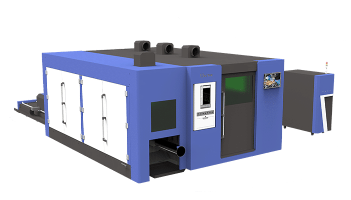Máquina de corte a laser de fibra de placa e tubo de mesa de troca com renderizações de capa protetora totalmente fechada